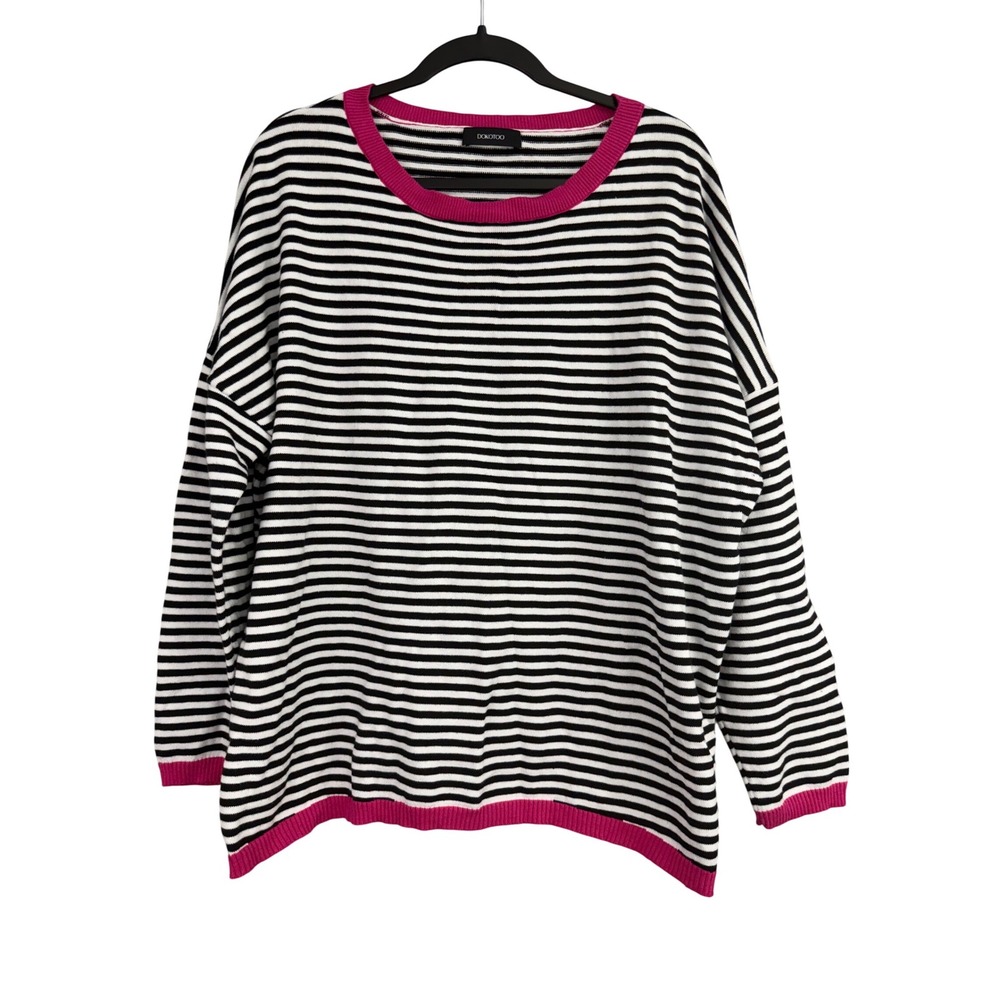 Dokotoo Oversized XL Striped Pullover Sweater Black White Pink Trim Crew Neck